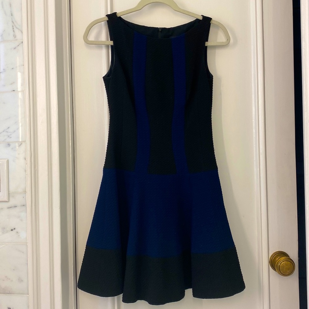 Flattering Nanette Lenore dress, black with mild blue stripe, perfect condition